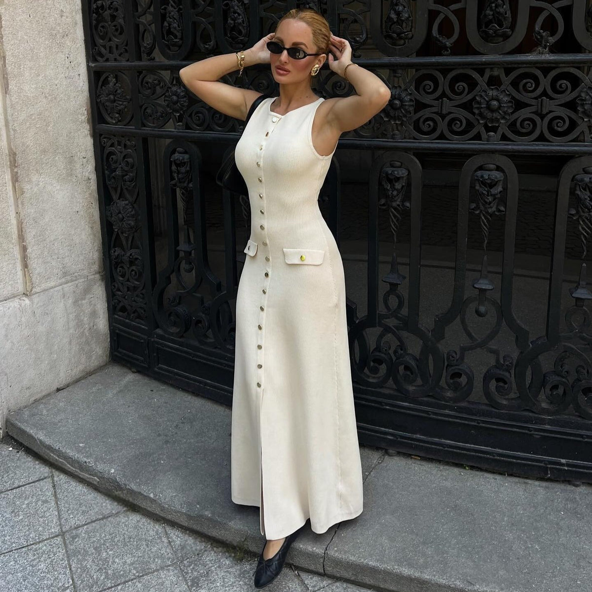 Scoop Neck Sleeveless Button Front Ribbed Knit Maxi Dress 4