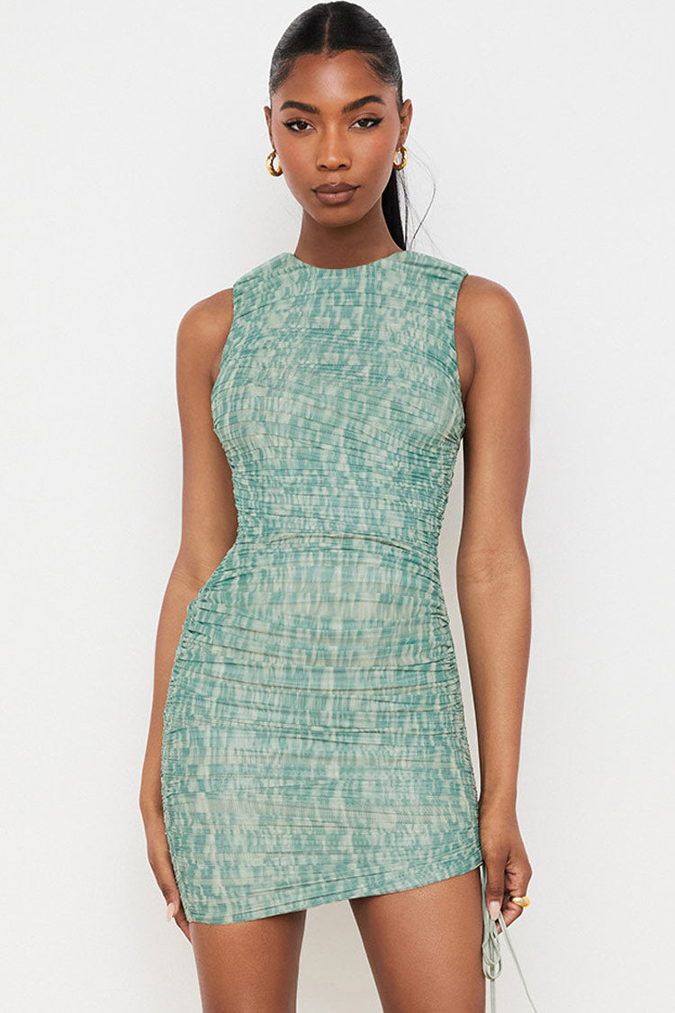 Green Round Neck Sleeveless Marble Mesh Ruched Bodycon Mini Dress