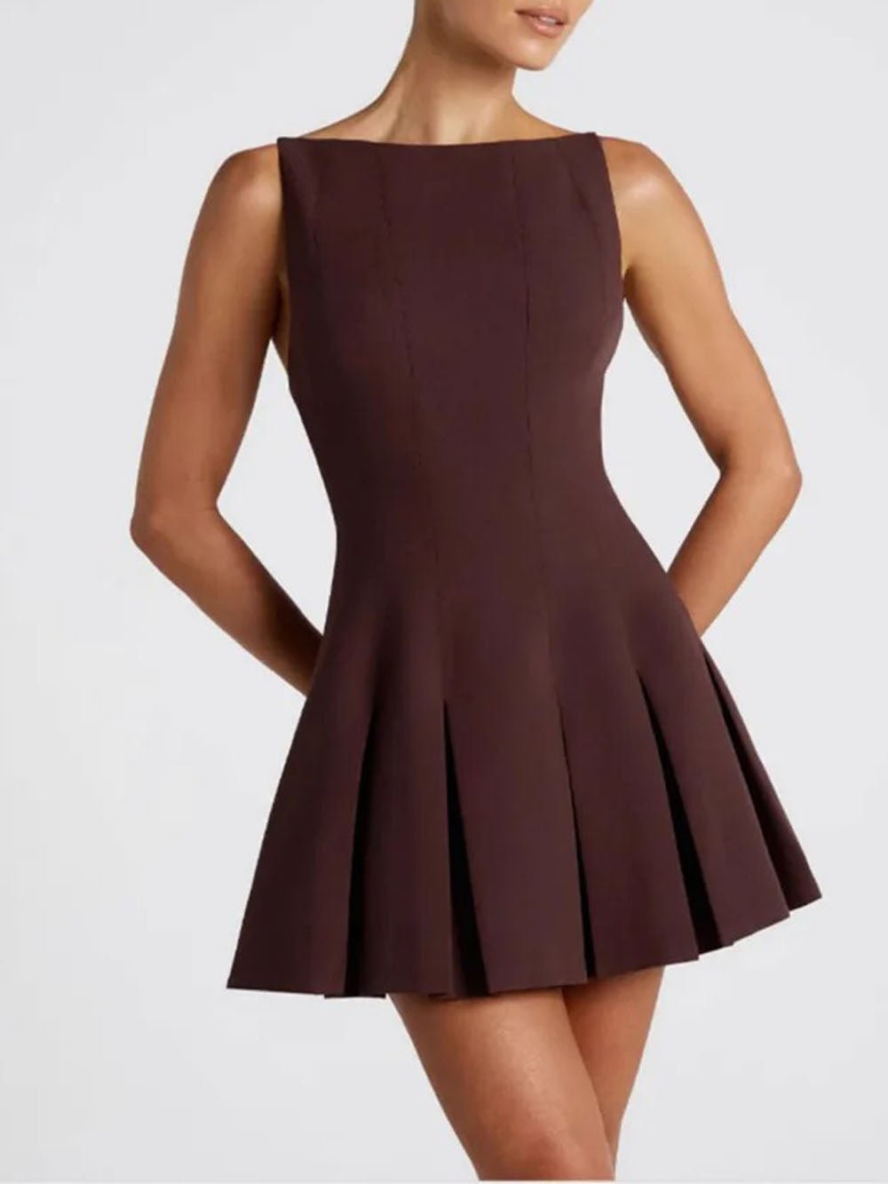 Boat Neck Princess Seam Box Pleat Fit and Flare Mini Dress 4