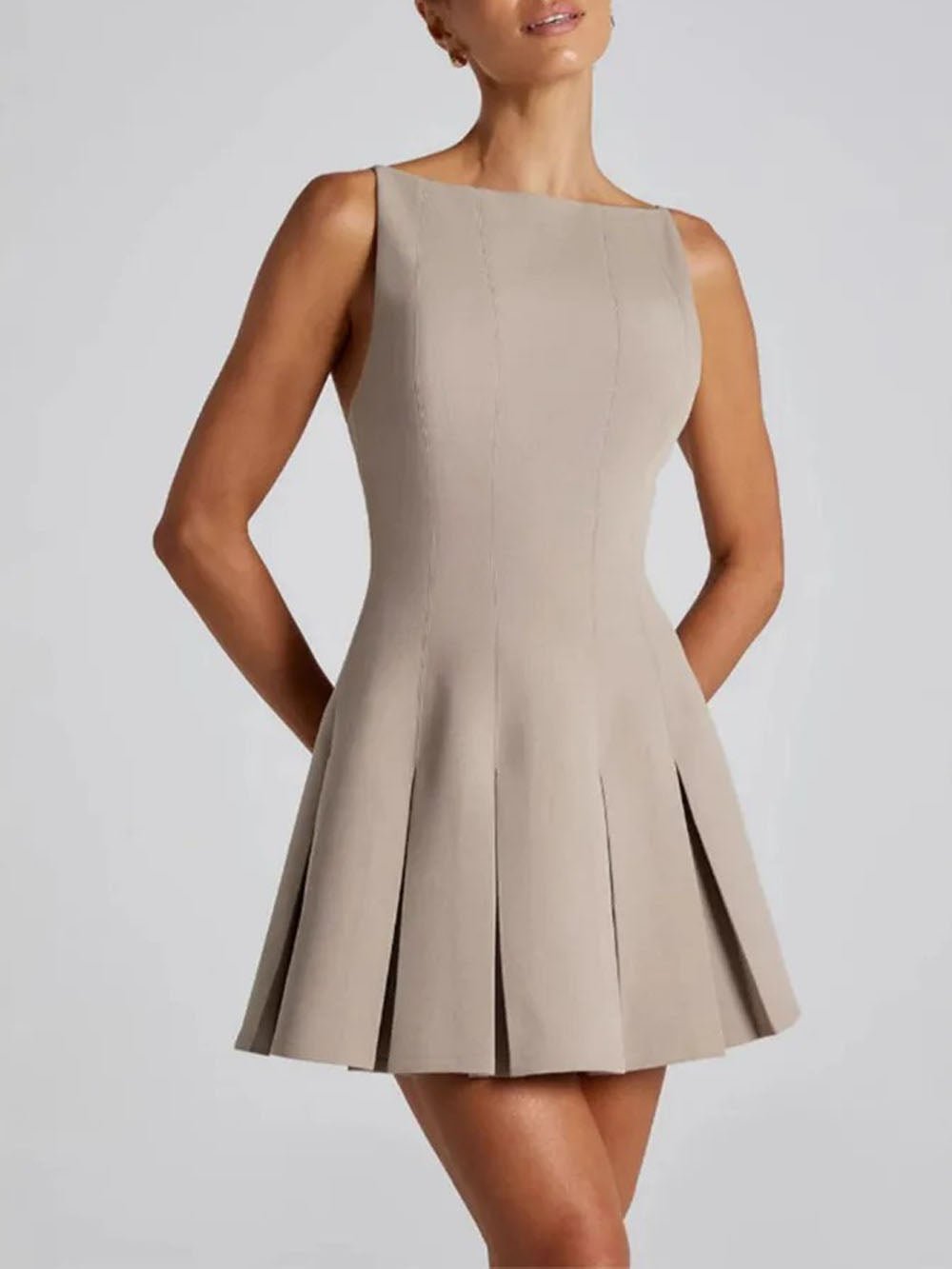 Boat Neck Princess Seam Box Pleat Fit and Flare Mini Dress 5
