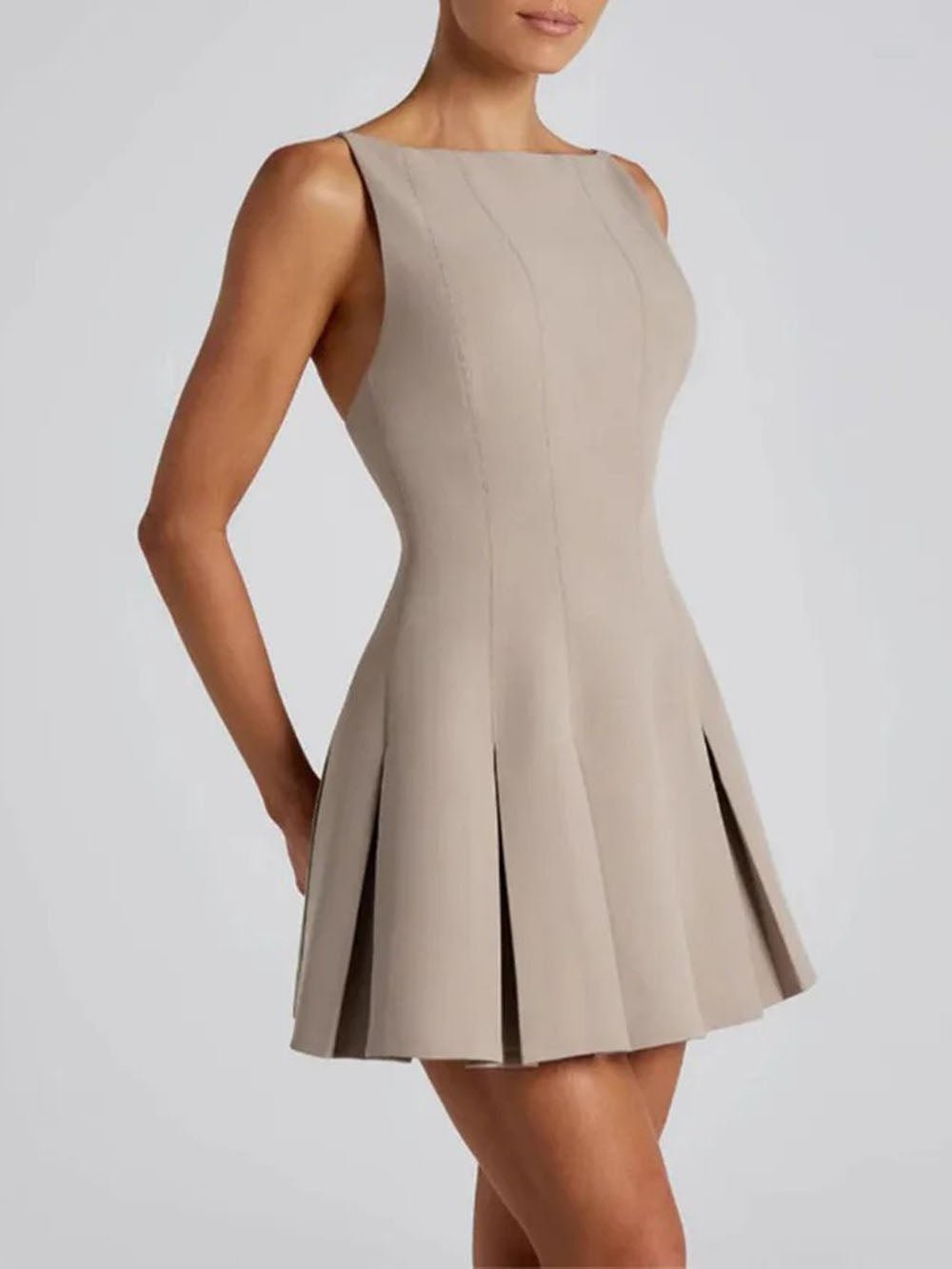 Boat Neck Princess Seam Box Pleat Fit and Flare Mini Dress 7