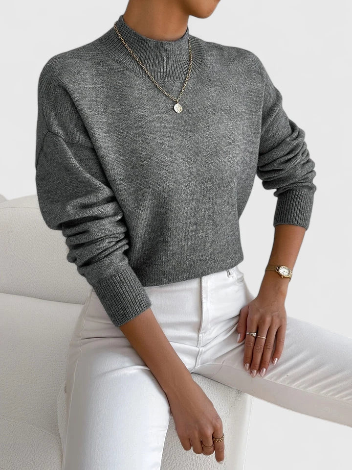 Mock Neck Knit Long Sleeve Ribbed Trim Pullover Sweater