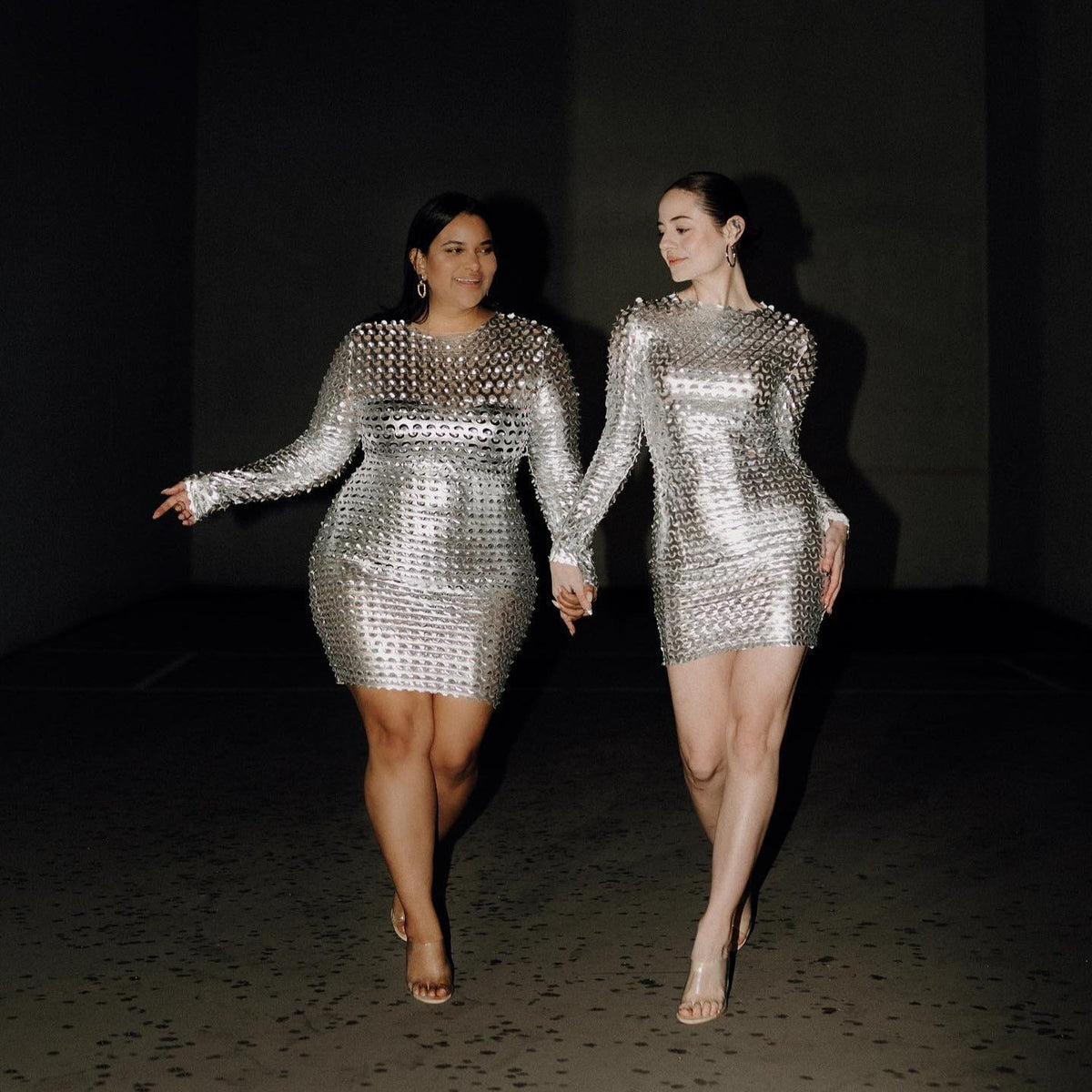 Silver Round Neck Metallic Laser Cut Hollow Long Sleeve Bodycon Mini Dress