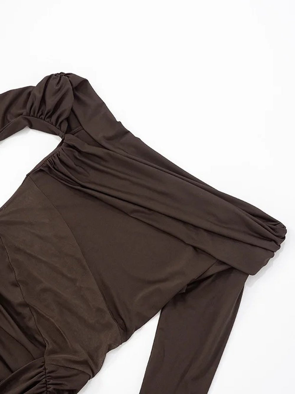 Brown Off Shoulder Long Sleeve Mesh Cut Out Ruched Draped Train Mini Dress 4