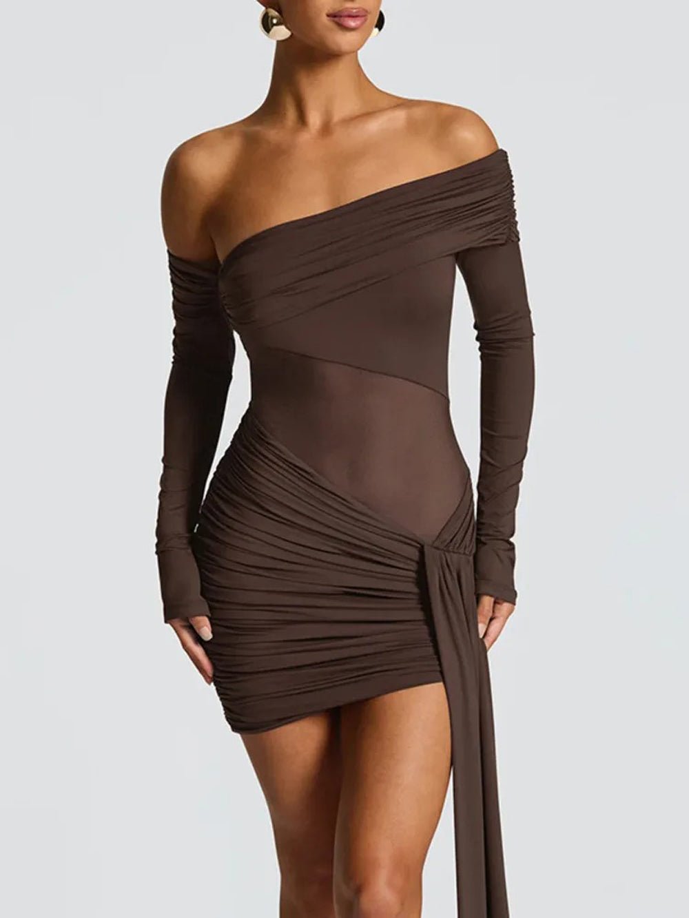 Brown Off Shoulder Long Sleeve Mesh Cut Out Ruched Draped Train Mini Dress 3