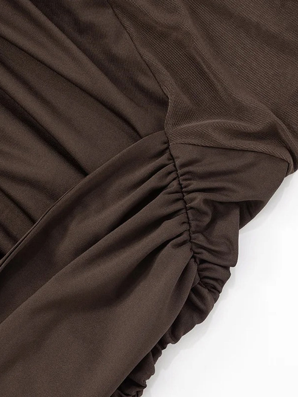 Brown Off Shoulder Long Sleeve Mesh Cut Out Ruched Draped Train Mini Dress 5