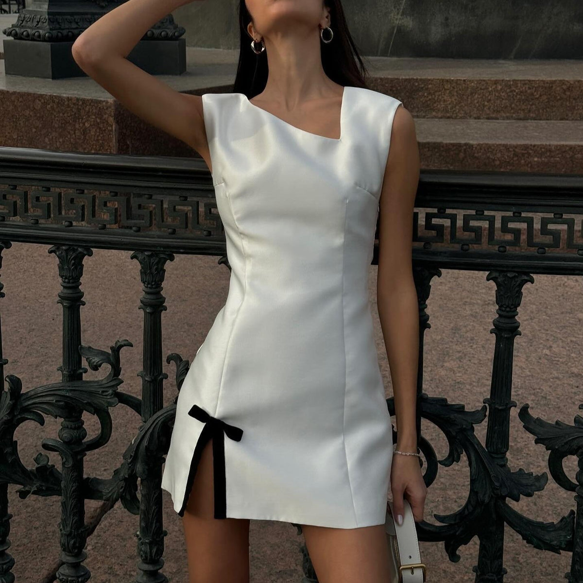 White Square Neck Satin Bow Front Slit Bodycon Mini Dress 3
