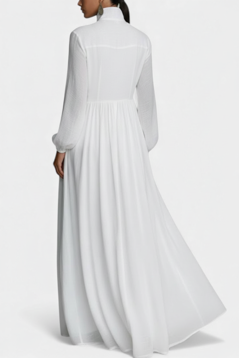 White Stand Collar Button Up Long Sleeve Flowy A-Line Maxi Dress 4