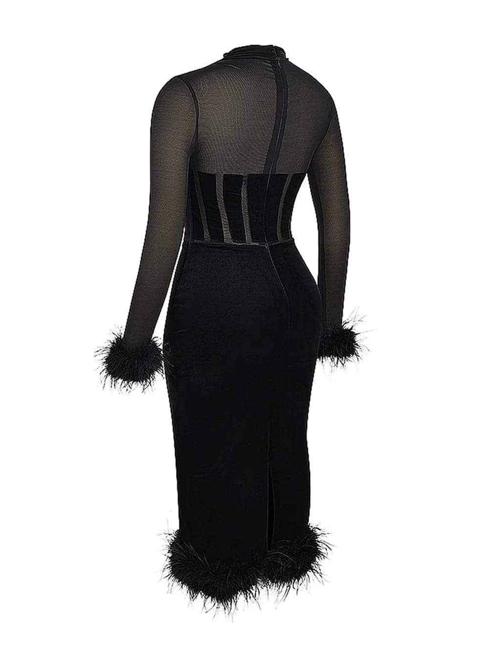 Black Mesh High Neck Corset Sweetheart Feather Trim Velvet Midi Dress 7