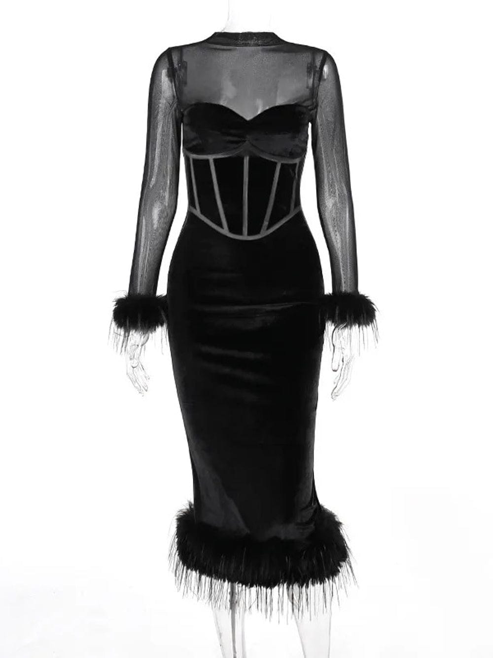 Black Mesh High Neck Corset Sweetheart Feather Trim Velvet Midi Dress 8