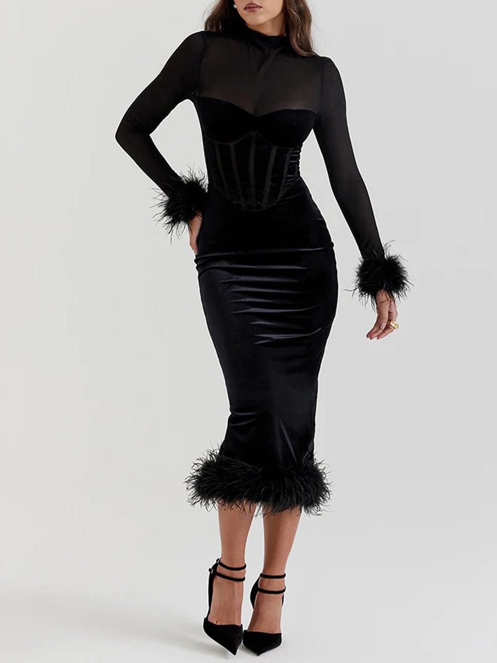 Black Mesh High Neck Corset Sweetheart Feather Trim Velvet Midi Dress 4