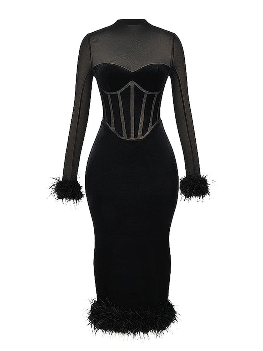 Black Mesh High Neck Corset Sweetheart Feather Trim Velvet Midi Dress 5