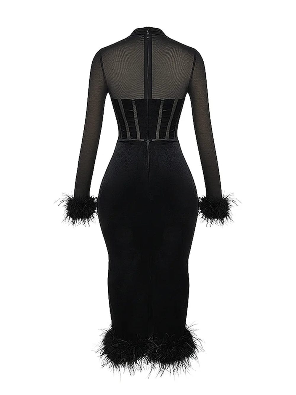 Black Mesh High Neck Corset Sweetheart Feather Trim Velvet Midi Dress 6
