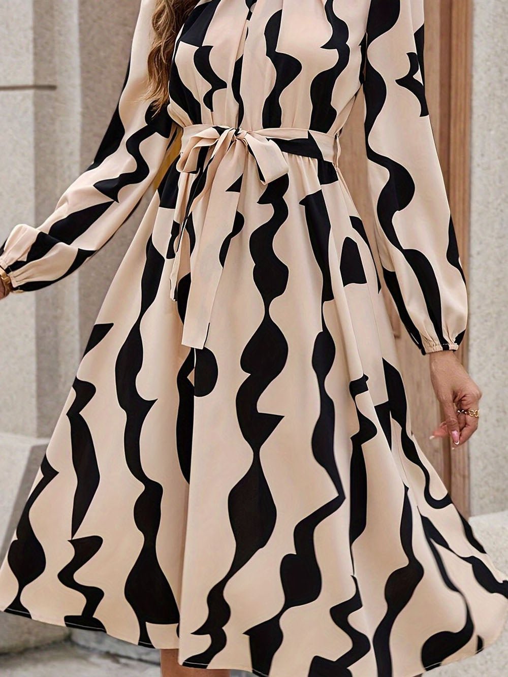 Multi Abstract Wave Print Crew Neck Tie Waist A-Line Midi Dress 6