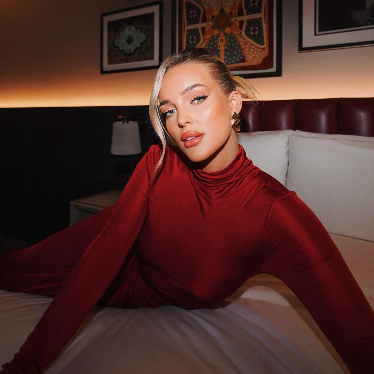 Turtleneck Long Sleeve Slinky Knot Front Bodycon Maxi Dress
