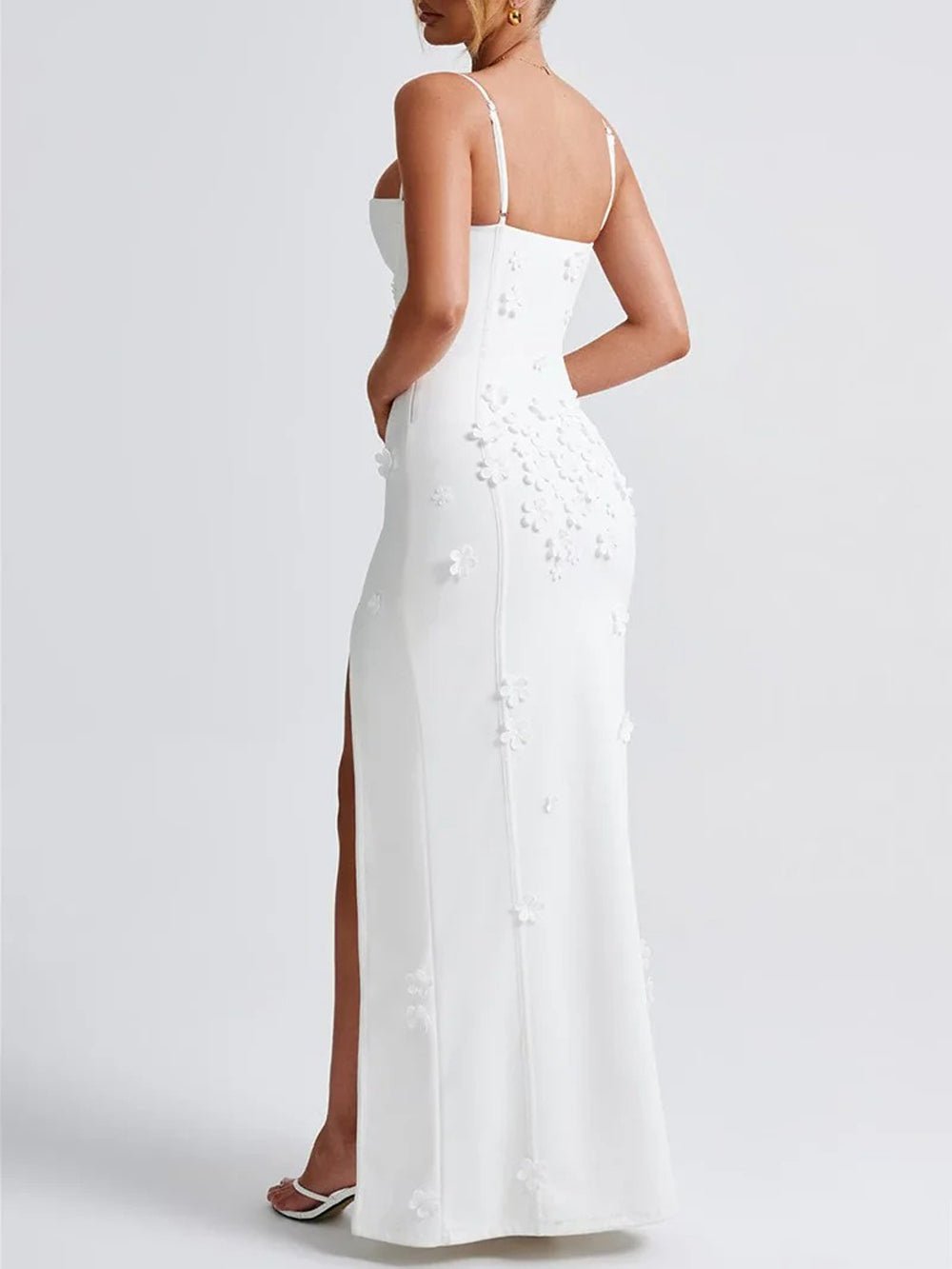 Floral Applique Bustier Sweetheart Spaghetti Strap High Split Column Maxi Gown 4