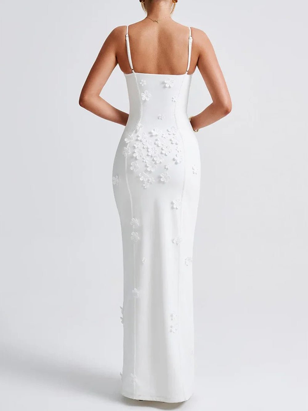Floral Applique Bustier Sweetheart Spaghetti Strap High Split Column Maxi Gown 2