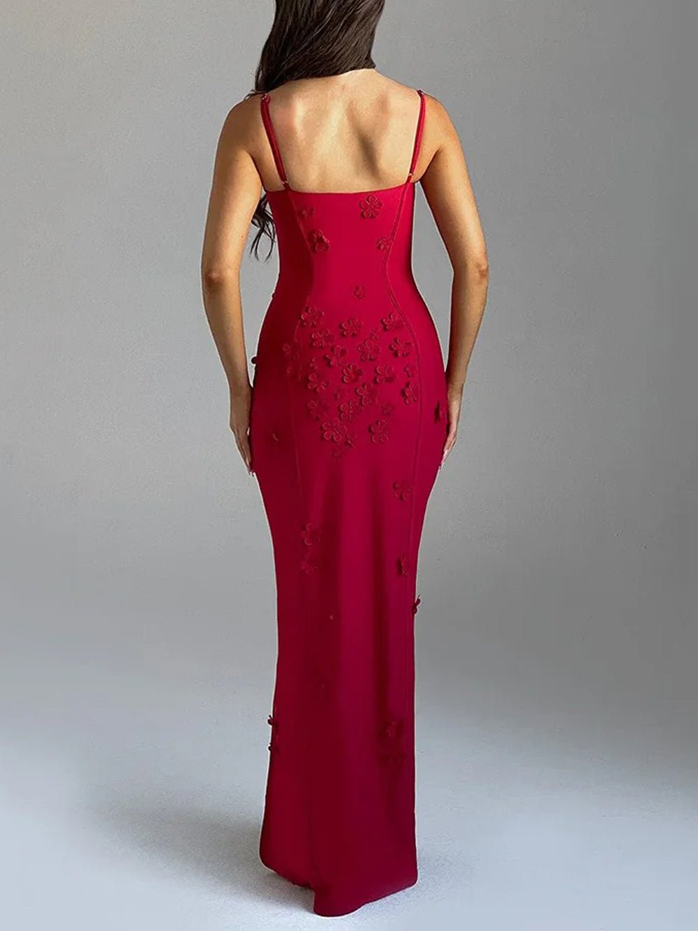 Floral Applique Bustier Sweetheart Spaghetti Strap High Split Column Maxi Gown 7