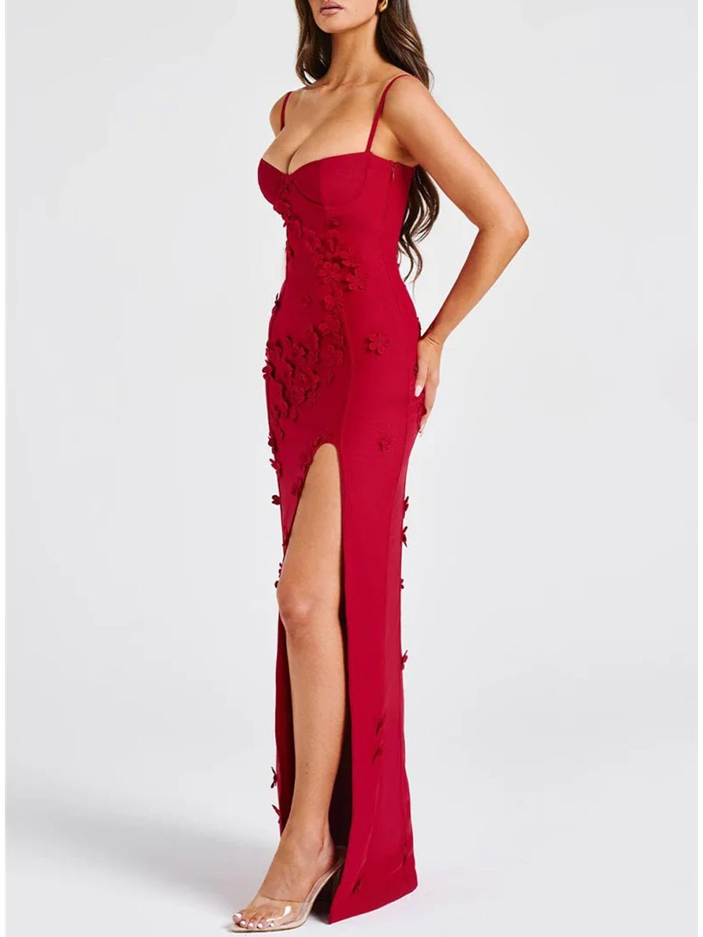 Floral Applique Bustier Sweetheart Spaghetti Strap High Split Column Maxi Gown 9