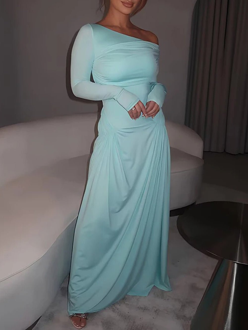 Off Shoulder Long Sleeve Ruched Hip Drape Gathered Maxi Dress 5