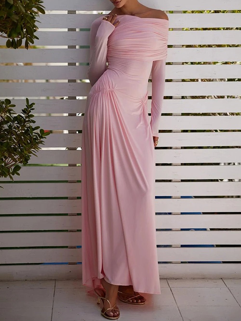 Off Shoulder Long Sleeve Ruched Hip Drape Gathered Maxi Dress 2
