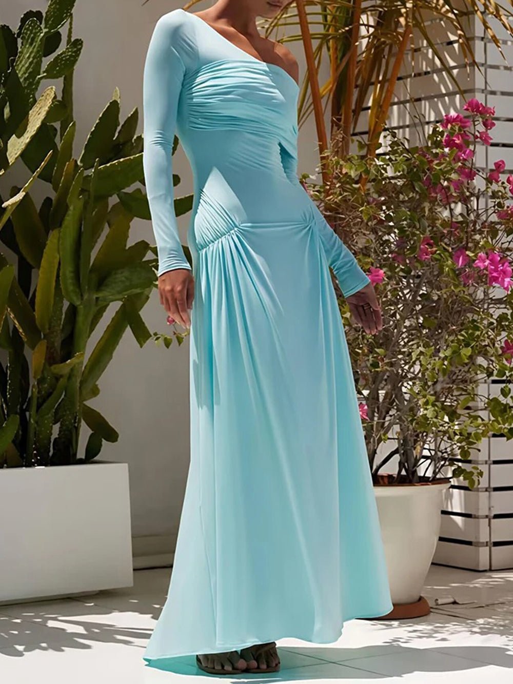 Off Shoulder Long Sleeve Ruched Hip Drape Gathered Maxi Dress 4