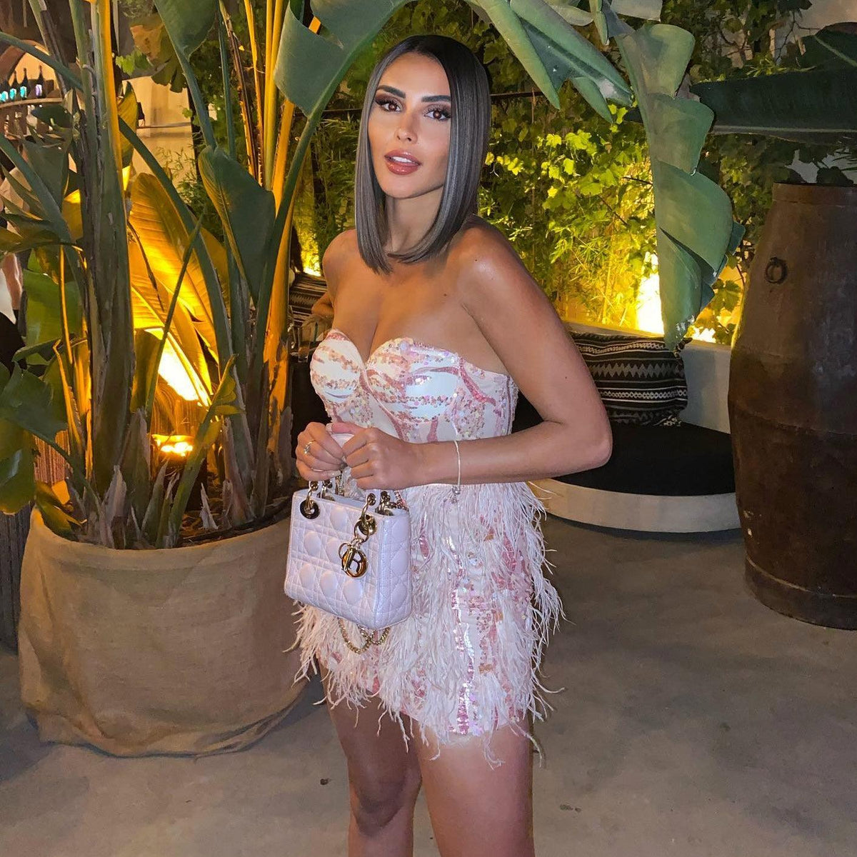 Pink Strapless Sweetheart Sequin Corset Feather Fringe Mini Dress