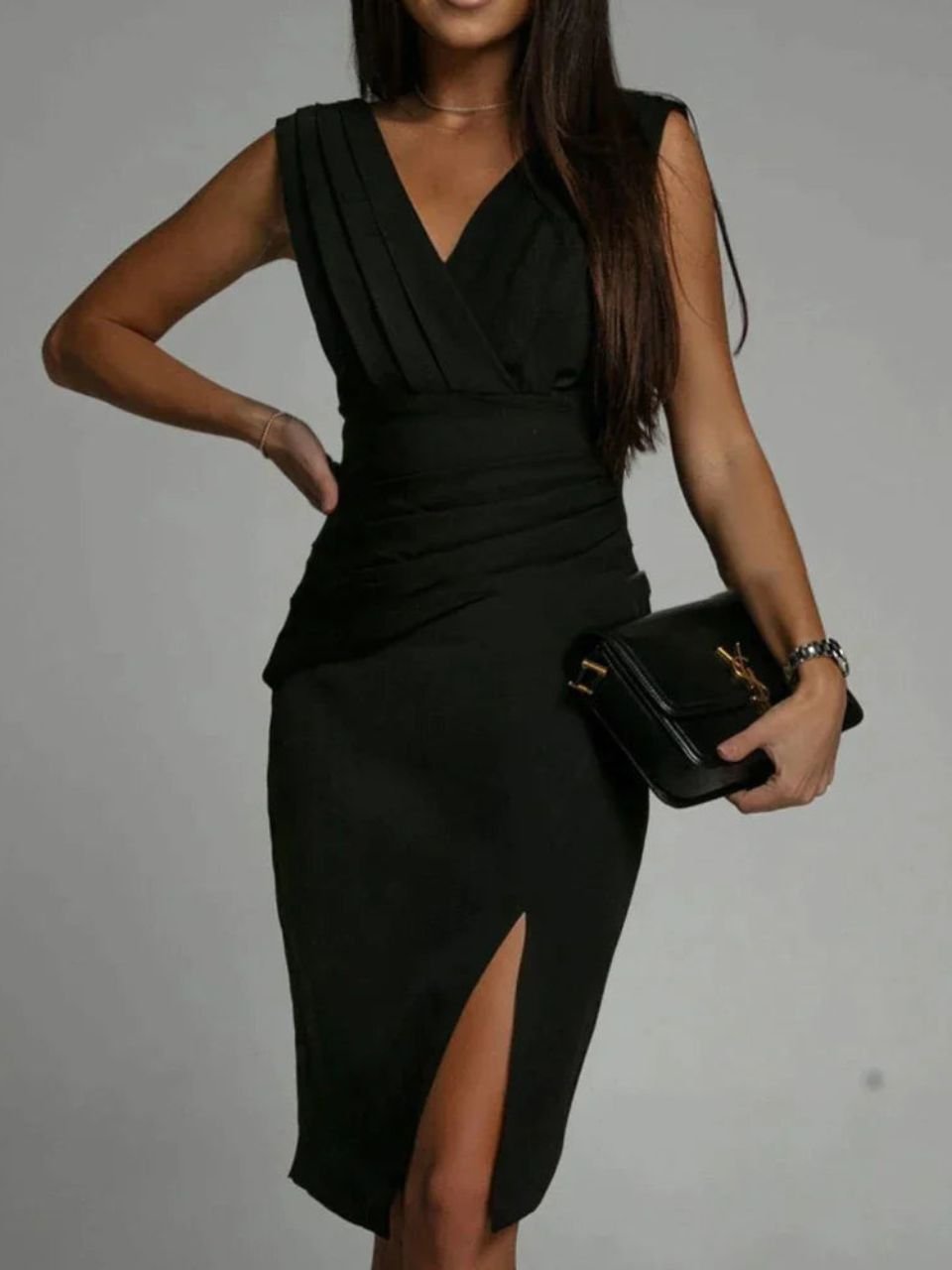 Surplice V-Neck Pleated Ruched Front Slit Bodycon Midi Dress