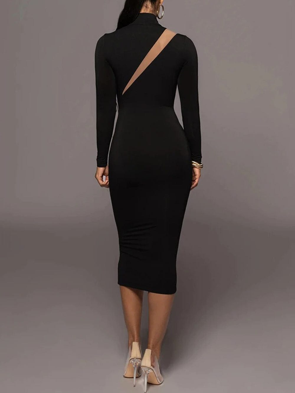 Black Mock Neck Long Sleeve Mesh Diagonal Panel Bodycon Midi Dress 2