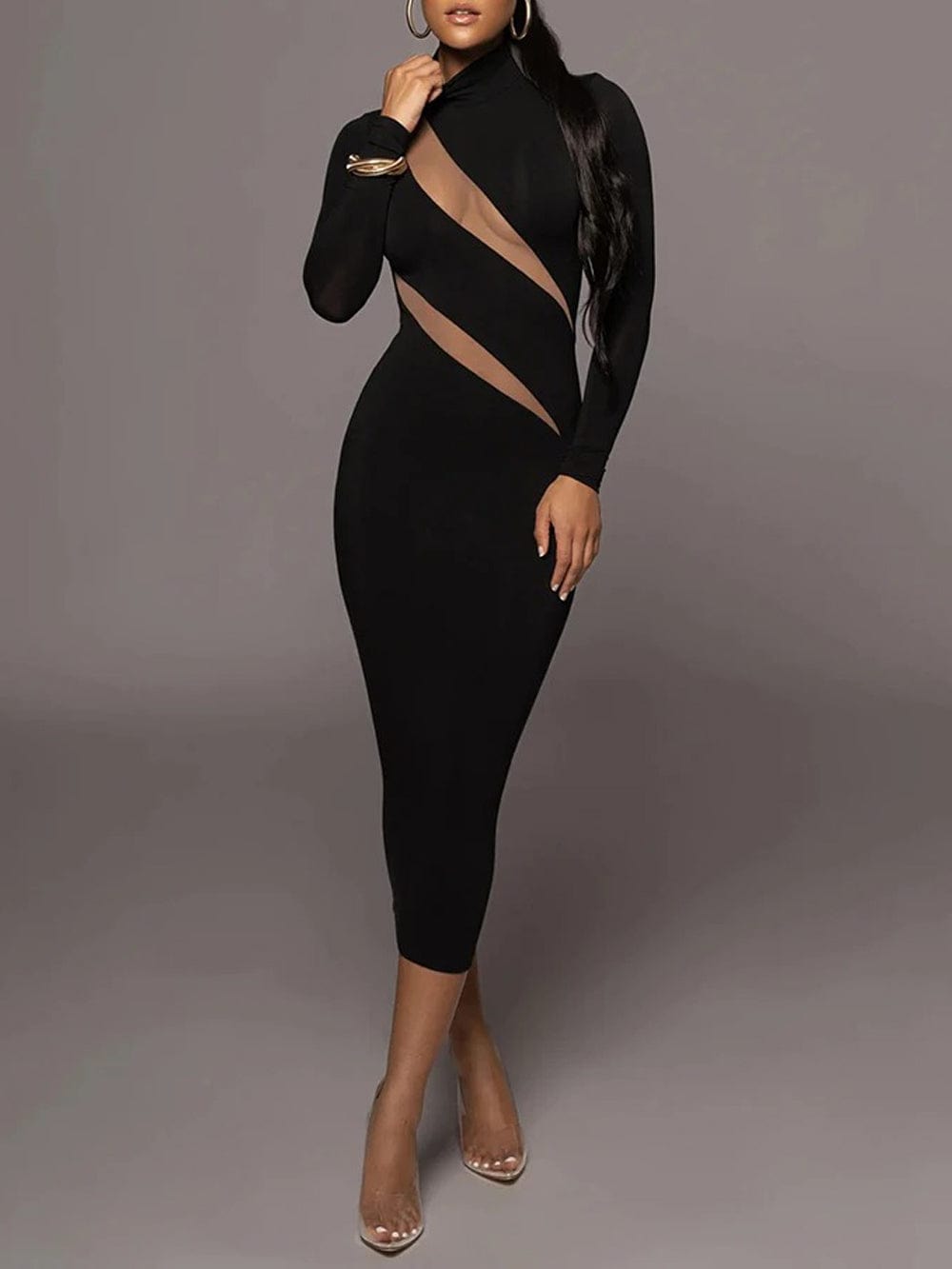 Black Mock Neck Long Sleeve Mesh Diagonal Panel Bodycon Midi Dress 4