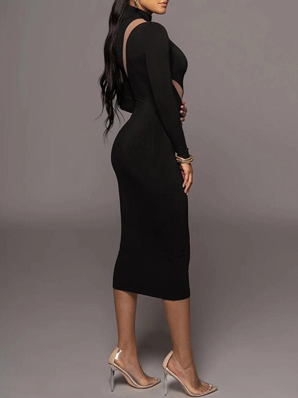 Black Mock Neck Long Sleeve Mesh Diagonal Panel Bodycon Midi Dress 3