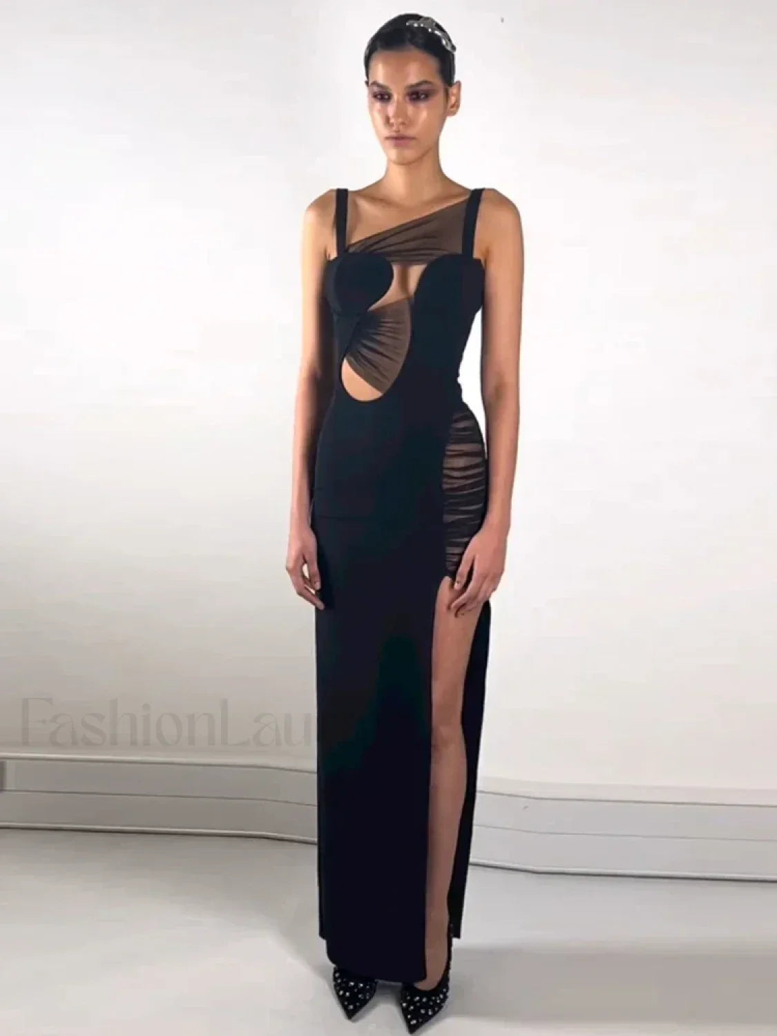 Mesh Hollow V Neck Maxi Dress