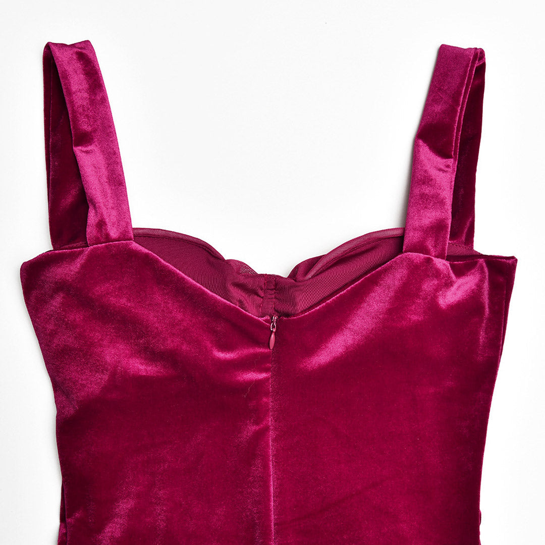 Fuchsia Sweetheart Neck Strap Ruched Mesh Corset Bodycon Midi Dress