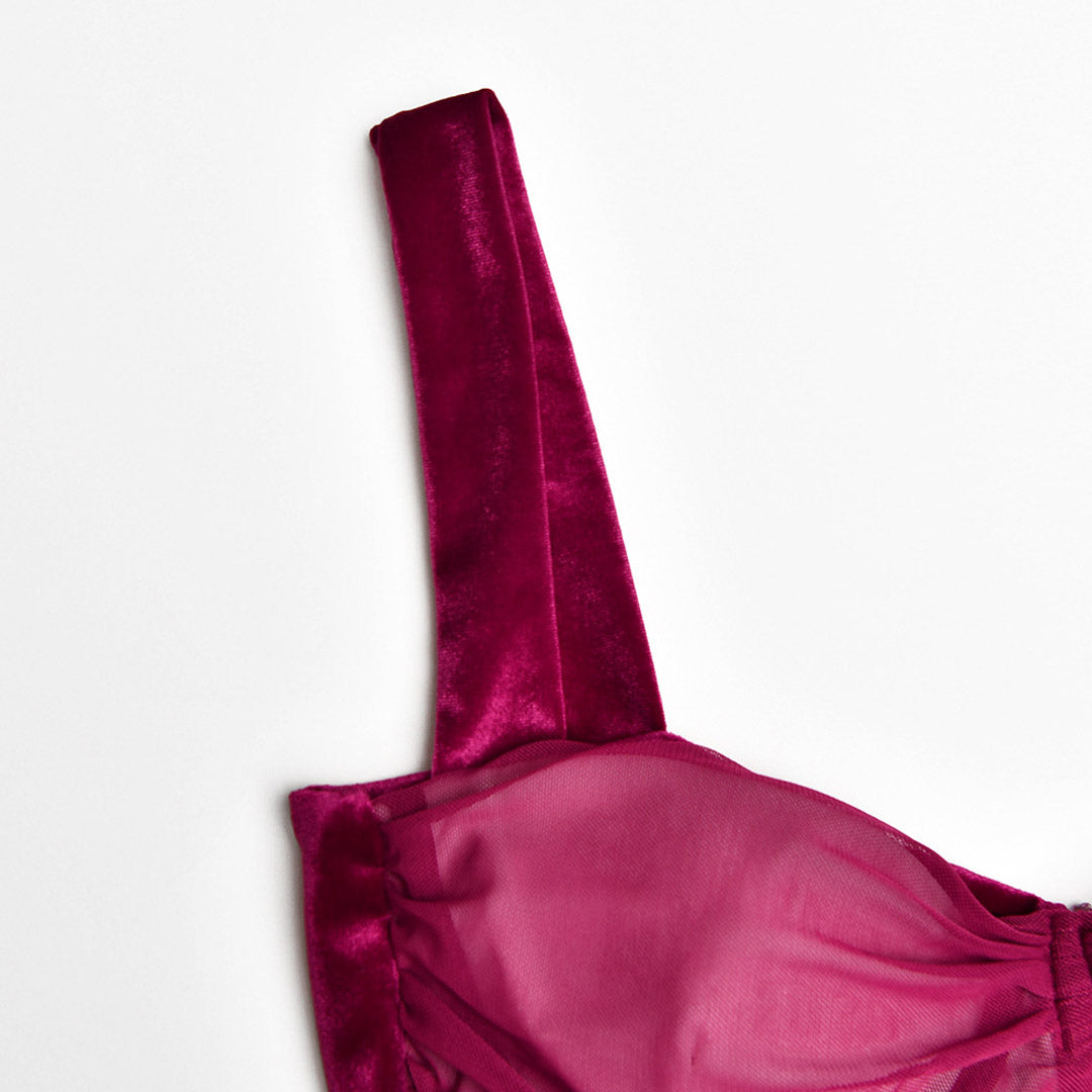 Fuchsia Sweetheart Neck Strap Ruched Mesh Corset Bodycon Midi Dress