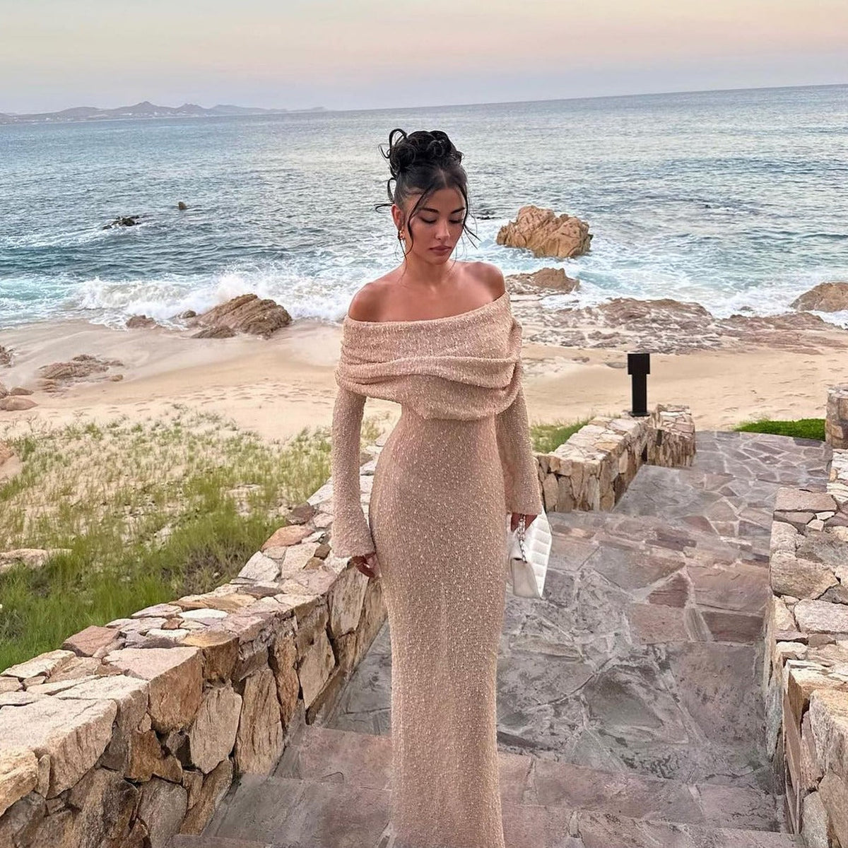 Off-Shoulder Long Sleeve Sheer Knit Bodycon Maxi Dress 2