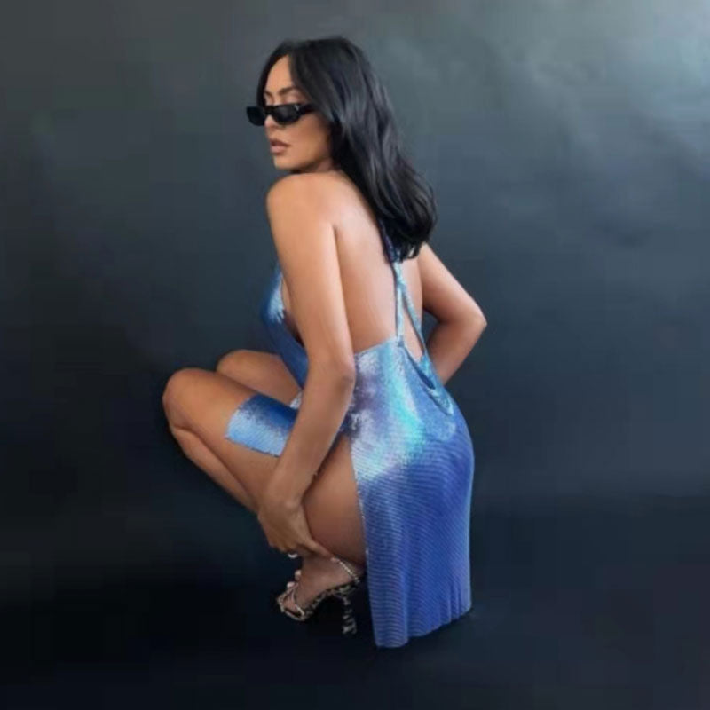 Royal Blue Cowl Neck Metallic Chainmail Backless High Slit Bodycon Mini Dress
