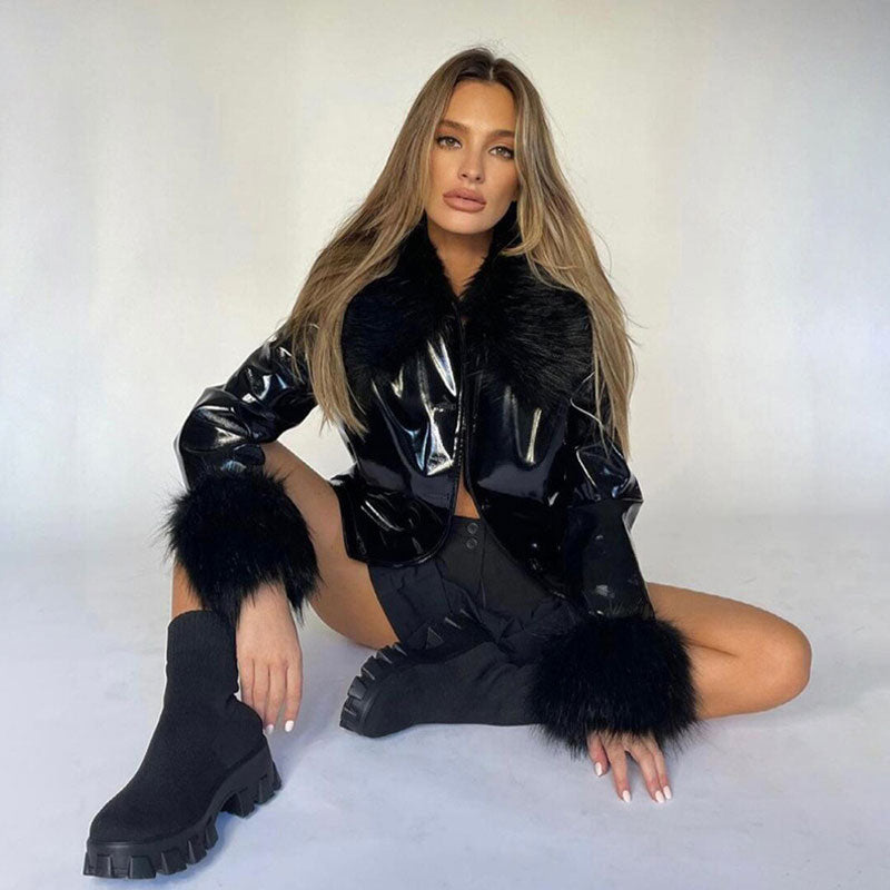Black Faux Fur Collar Cuff Long Sleeve Patent Faux Leather Jacket