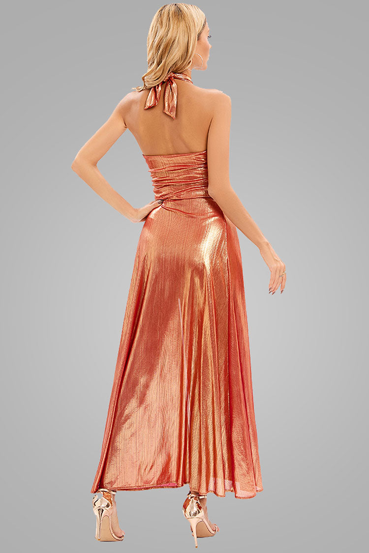 Rose Gold Halter Neck Metallic Crossover Cutout Ring Trim High Slit Maxi Dress 3