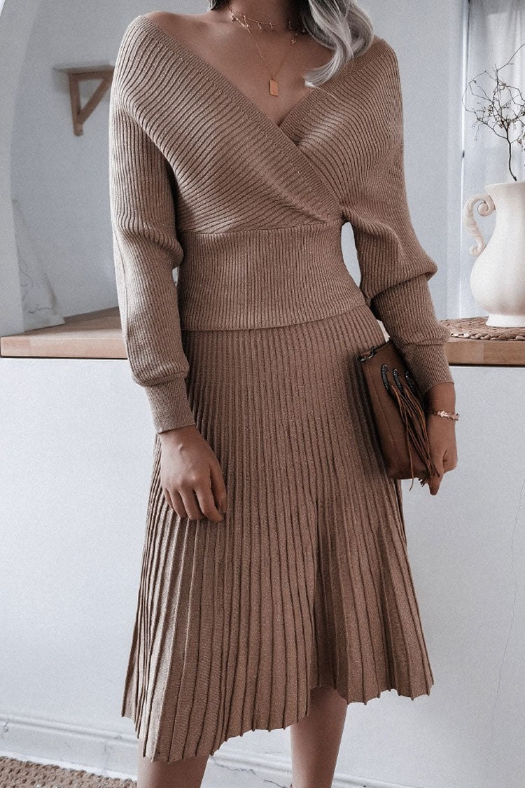 Coffee Off-Shoulder Surplice Metallic Rib Knit Sweater Pleated Midi Set