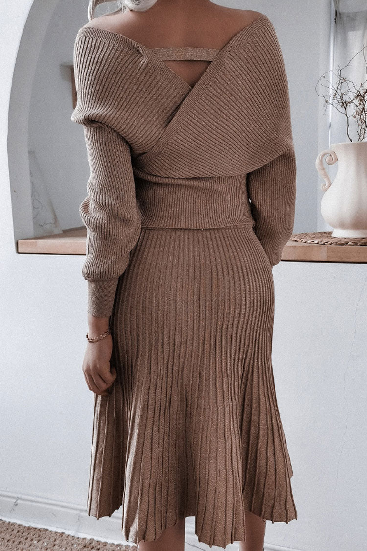 Coffee Off-Shoulder Surplice Metallic Rib Knit Sweater Pleated Midi Set