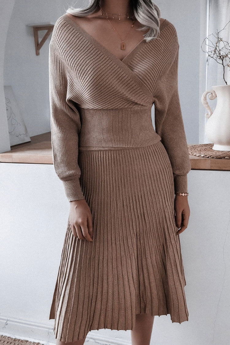 Coffee Off-Shoulder Surplice Metallic Rib Knit Sweater Pleated Midi Set