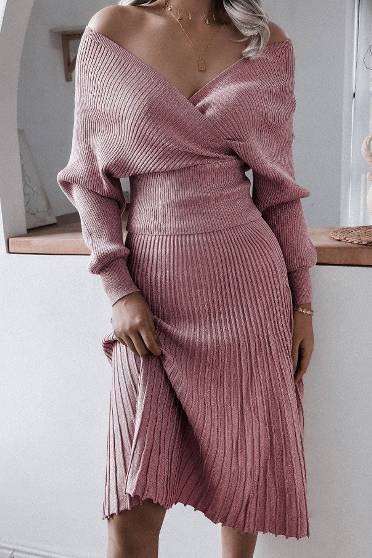 Dusty Pink Off-Shoulder Wrap Long Sleeve Ribbed Knit Pleated Sweater Midi Dress