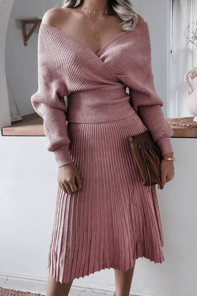 Dusty Pink Off-Shoulder Wrap Long Sleeve Ribbed Knit Pleated Sweater Midi Dress 2