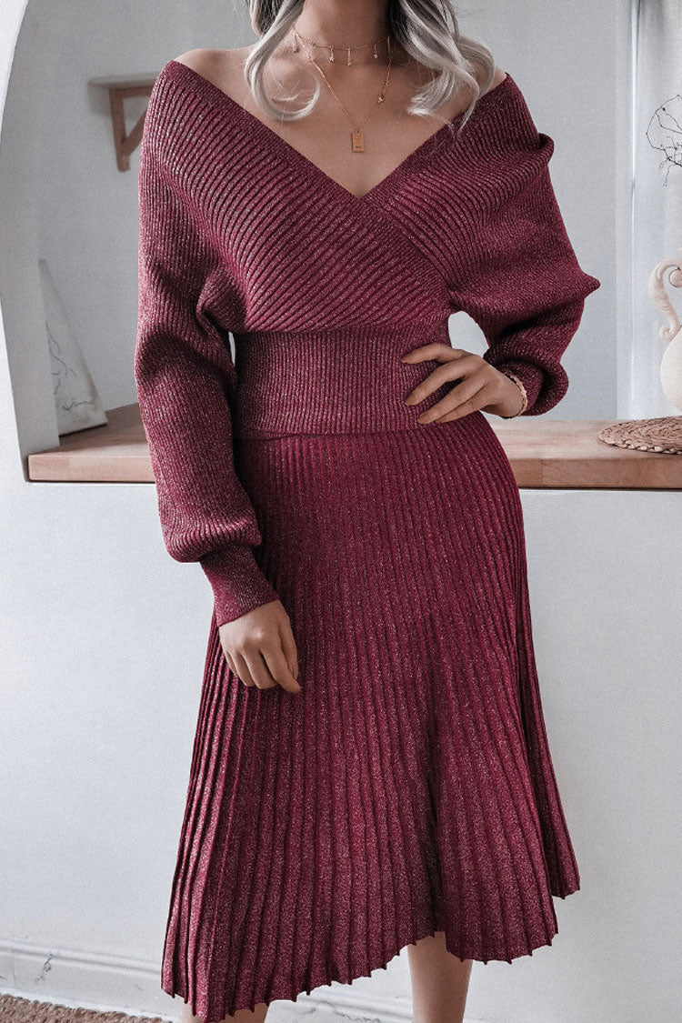 Burgundy Off-Shoulder Surplice Metallic Rib Knit Sweater Pleated Midi Set