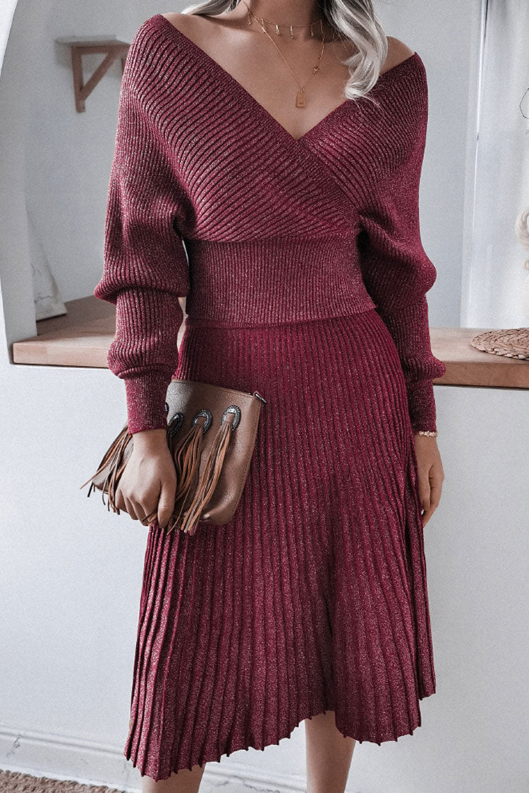 Burgundy Off-Shoulder Surplice Metallic Rib Knit Sweater Pleated Midi Set 2
