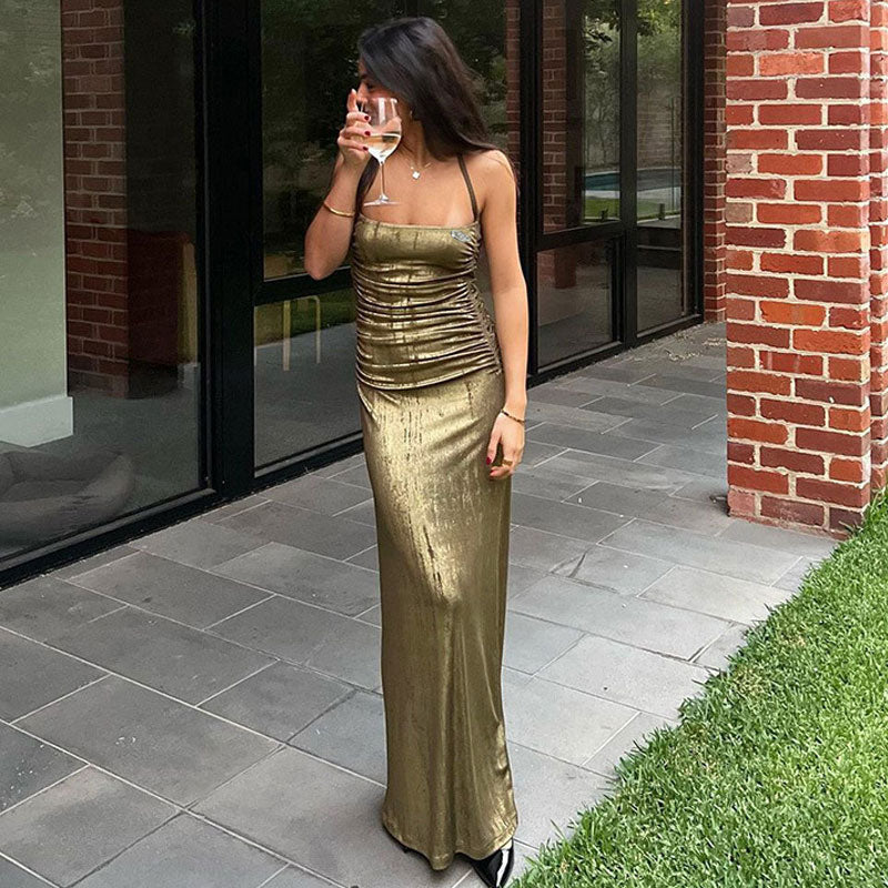 Olive Green Spaghetti Strap Square Neck Metallic Ruched Bodycon Maxi Dress