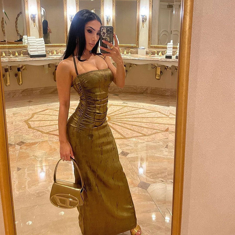 Olive Green Spaghetti Strap Square Neck Metallic Ruched Bodycon Maxi Dress