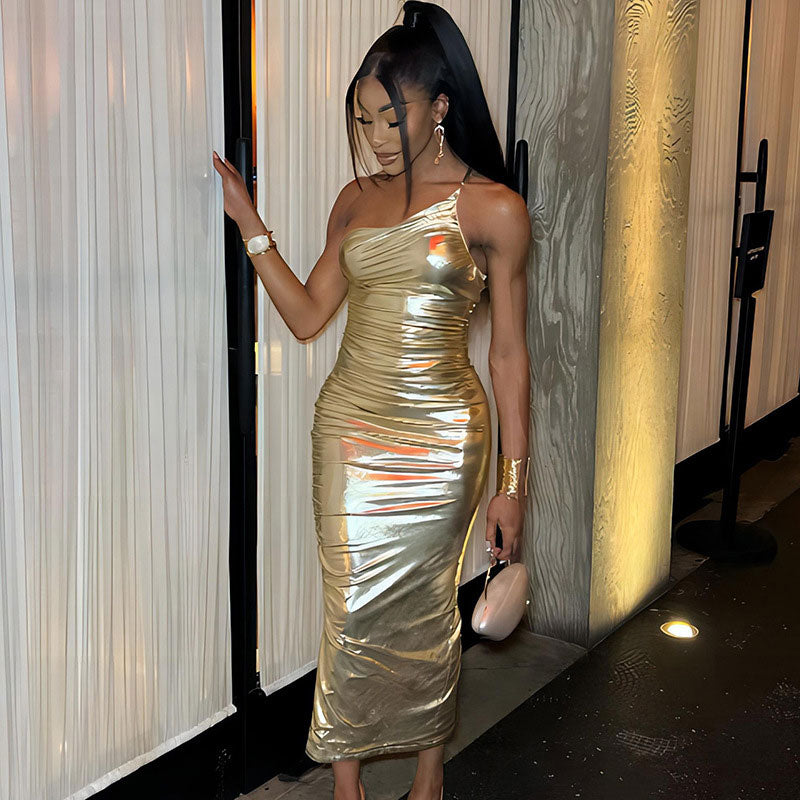 Gold One Shoulder Metallic Ruched Bodycon Maxi Dress 2