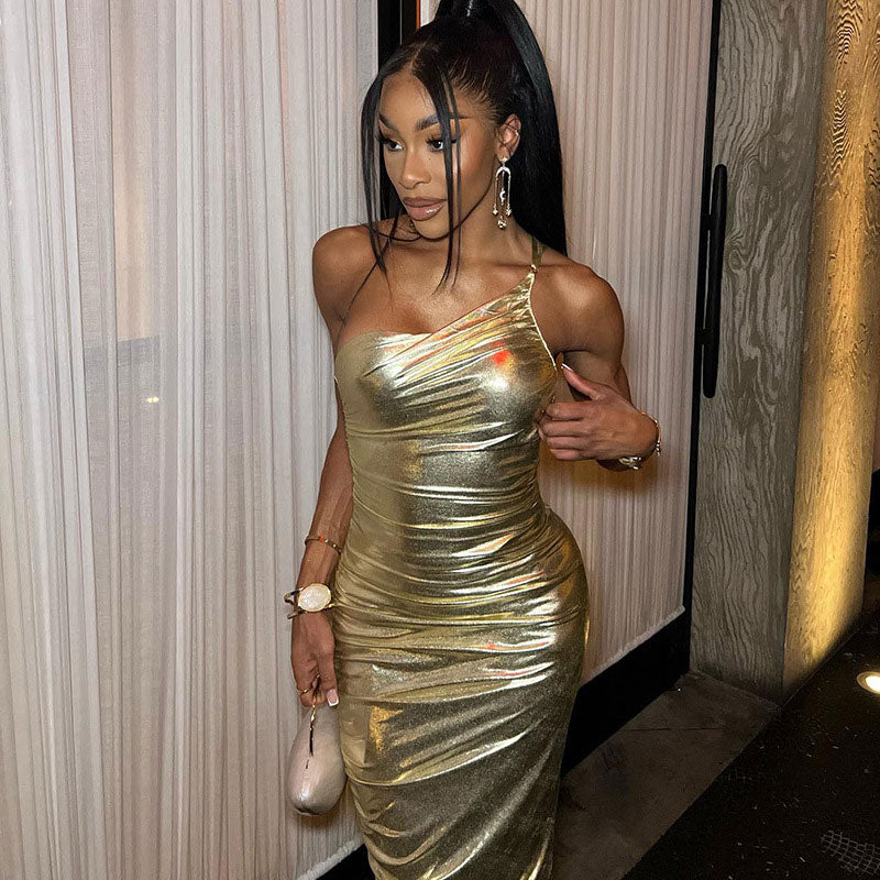 Ruched Spaghetti Strap One Shoulder Bodycon Party Maxi Dress - Gold