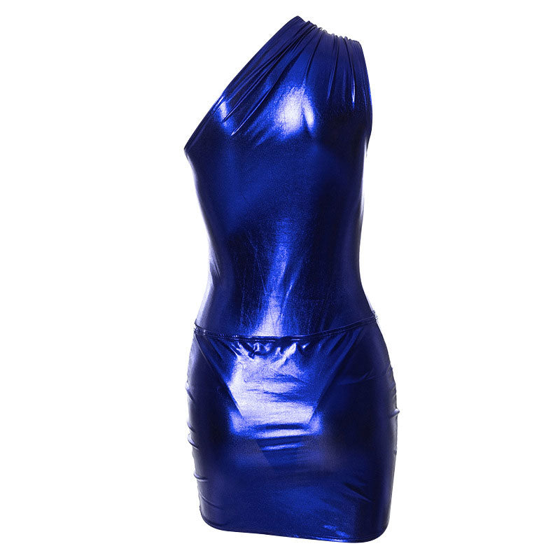 Purple One Shoulder Metallic Ruched Twist Front Bodycon Mini Dress